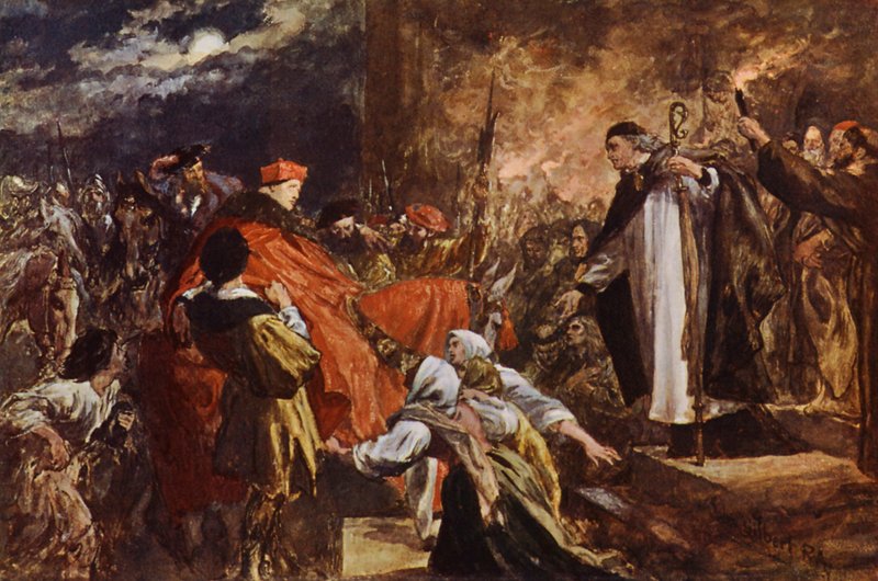 Kardinal Wolseys ankomst till Leicester Abbey (litho i färg) av John (after) Gilbert