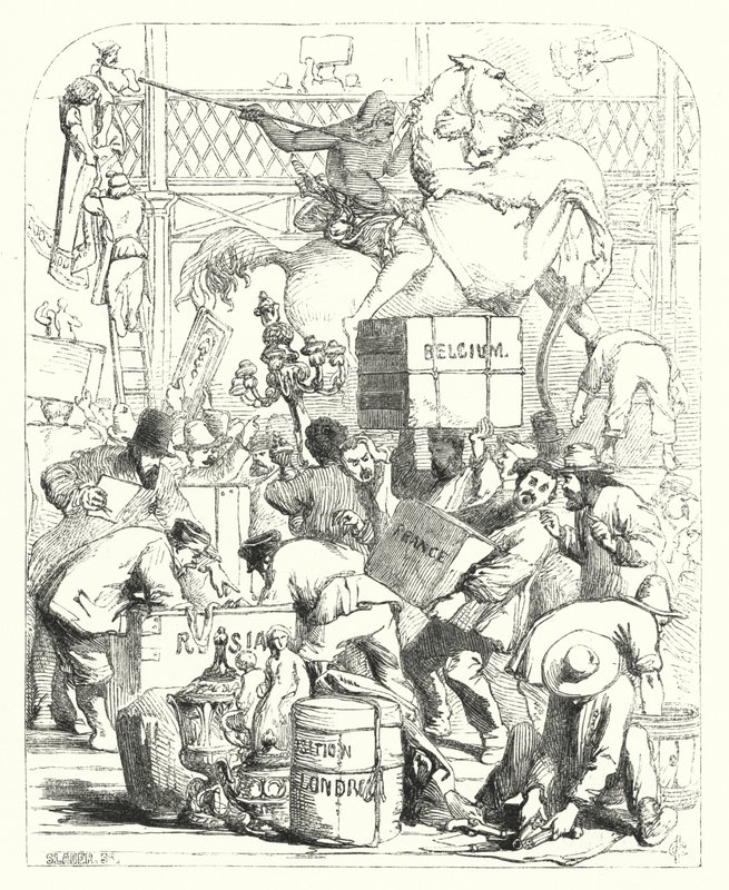 Ankomst av varor som ska ställas ut på den stora utställningen 1851, Crystal Palace, Hyde Park, London (gravyr) av John (after) Gilbert