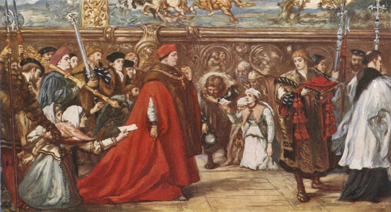 Kardinal Wolsey på väg till Westminster Hall (färg litho) av John (after) Gilbert