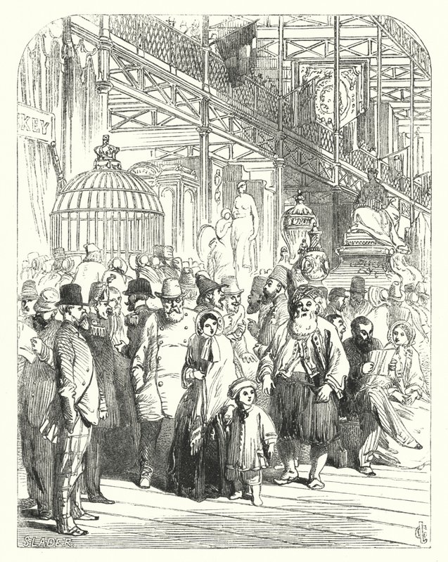 Utställare och besökare i Crystal Palace, Hyde Park, London, platsen för den stora utställningen 1851 (gravyr) av John (after) Gilbert