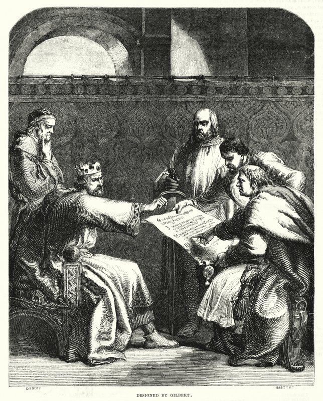 Kung John vägrar att underteckna Magna Charta i Oxford, 1215 (gravyr) av John (after) Gilbert
