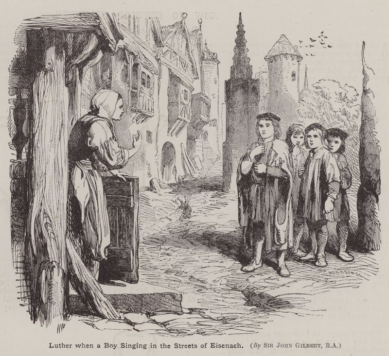 Martin Luther när en pojke sjunger på Eisenachs gator (gravyr) av John (after) Gilbert