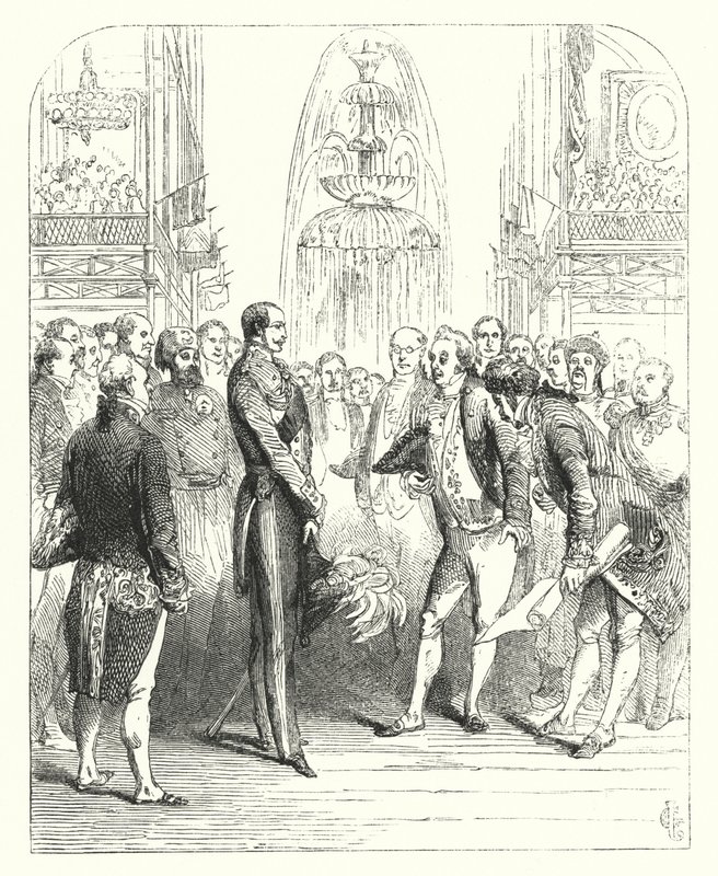 Prins Albert och de kungliga kommissionärerna vid den stora utställningen 1851, Crystal Palace, Hyde Park, London (gravyr) av John (after) Gilbert