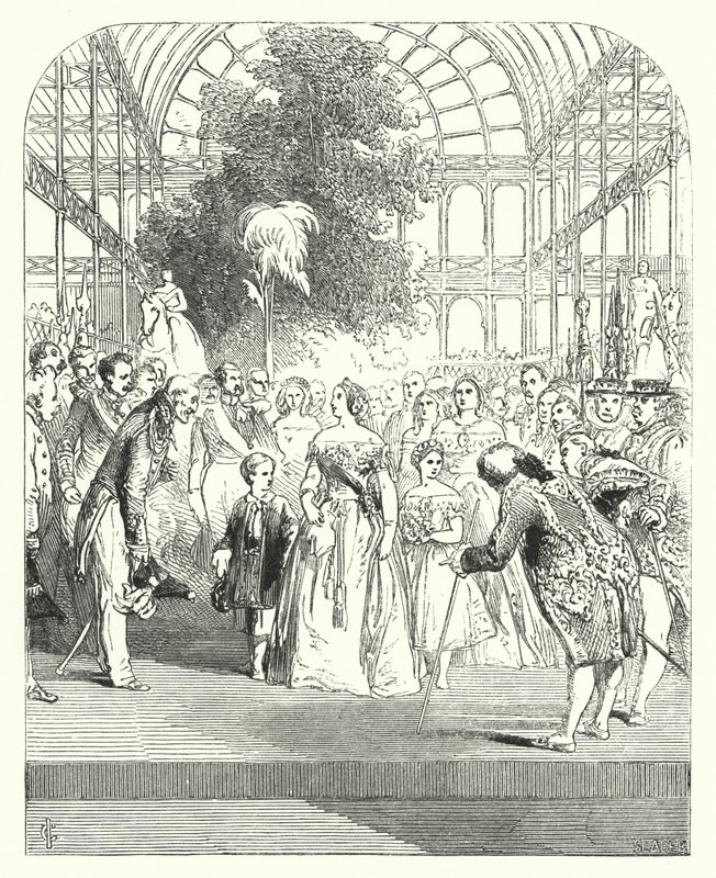 Drottning Victoria och hennes barn besöker den stora utställningen 1851, Crystal Palace, Hyde Park, London (gravyr) av John (after) Gilbert