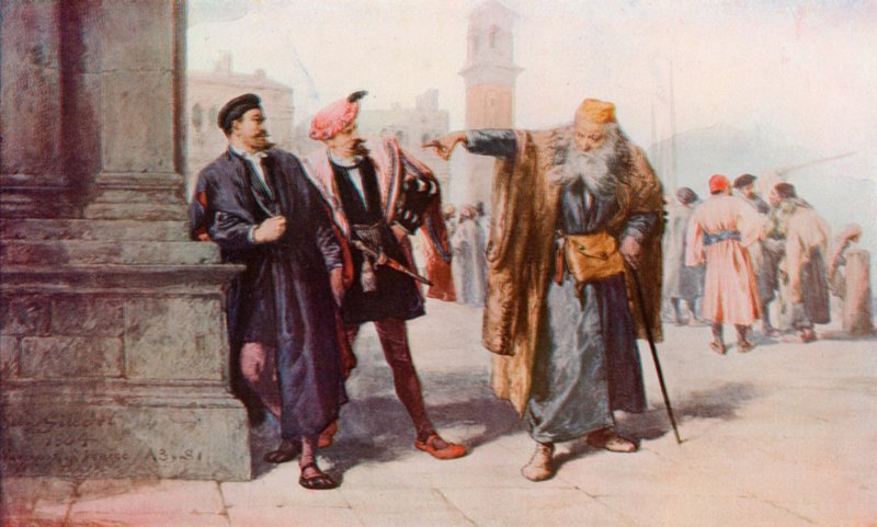 Shakespeare: The Baiting of Shylock, The Merchant of Venice, Akt III, Scene 1 (färg litho) av John (after) Gilbert