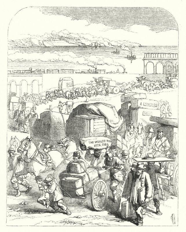 Fartyg och tåg som tar besökare till den stora utställningen 1851, Crystal Palace, Hyde Park, London (gravyr) av John (after) Gilbert