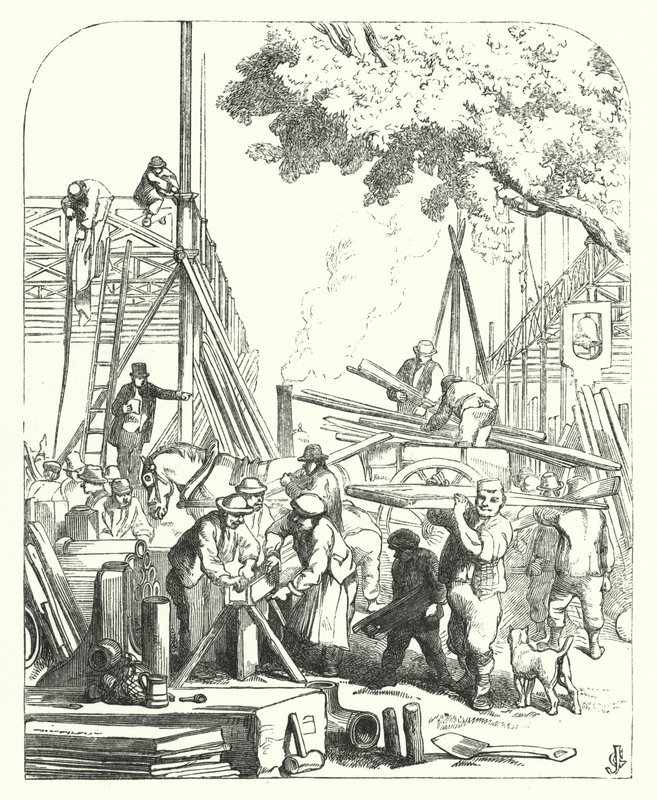 Arbetare på platsen för Crystal Palace, Hyde Park, London, plats för den stora utställningen 1851 (gravyr) av John (after) Gilbert