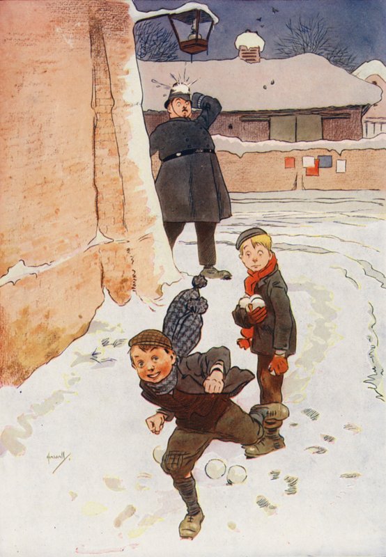 Polisman träffad av snöboll (färglitografi) av John (after) Hassall