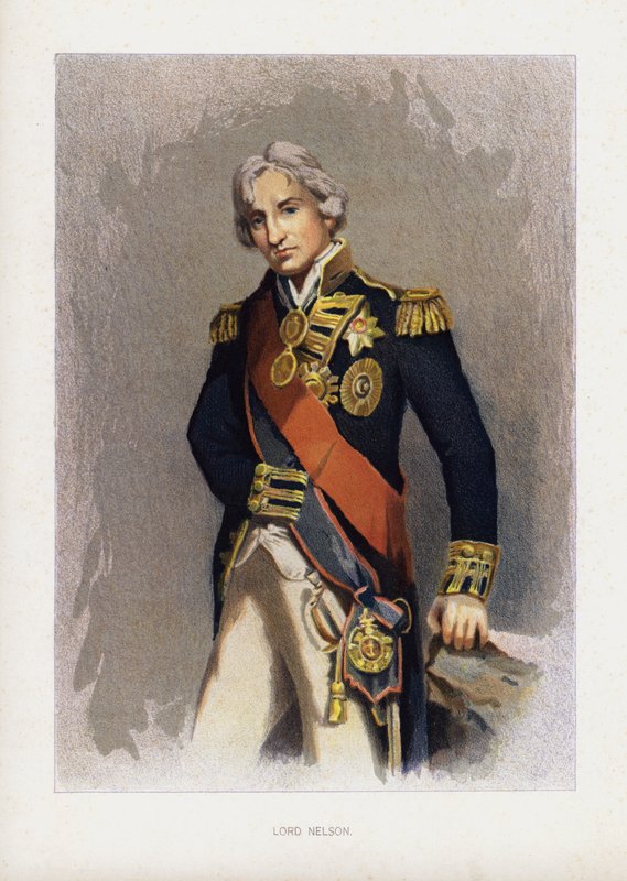 Amiral Lord Nelson, brittisk sjöbefälhavare (färg litho) av John (after) Hoppner