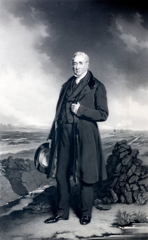 George Stephenson, engelsk ingenjör och järnvägspionjär (litho) av John (after) Lucas
