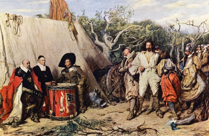 En krigsrätt med trumhuvud (färglitografi) av John (after) Pettie