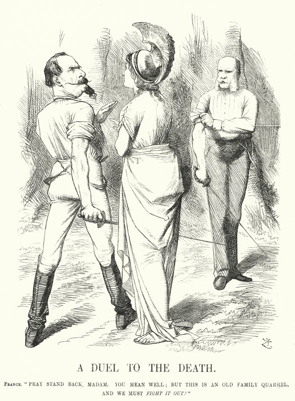 Punch-tecknad film: A Duel to the Death - det fransk-preussiska kriget (gravyr) av John (after) Tenniel