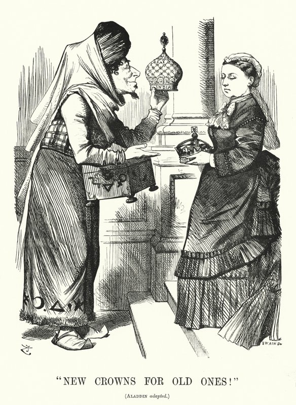 Punch cartoon: New Crowns for Old Ones. Benjamin Disraeli (som Aladdin) med drottning Victoria - lagen om kungliga titlar 1876 som erkänner drottningen som kejsarinna av Indien (gravyr) av John (after) Tenniel