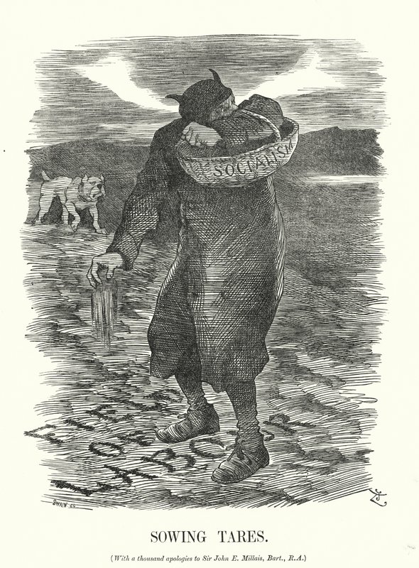 Punch cartoon: Sowing Tares - rädslan för spridningen av socialism bland brittiska arbetare (gravyr) av John (after) Tenniel