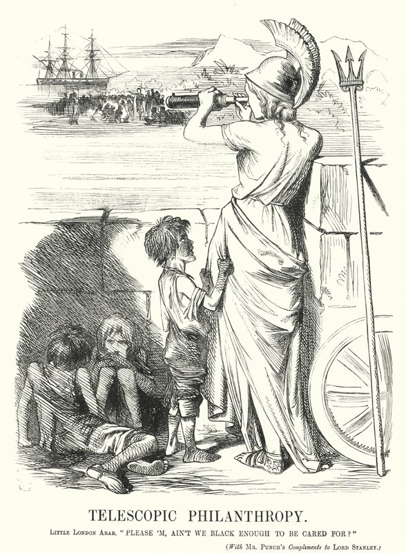 Punch tecknad serie: Telescopic Philanthropy - viktorianska medelklassens upptagenhet med hjälp för de fattiga utomlands, ganska solbrända hemma (gravyr) av John (after) Tenniel