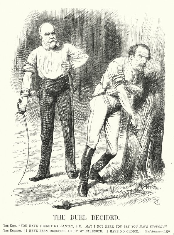 Punch tecknad: The Duel Decided - Frankrikes nederlag i det fransk-preussiska kriget (gravyr) av John (after) Tenniel