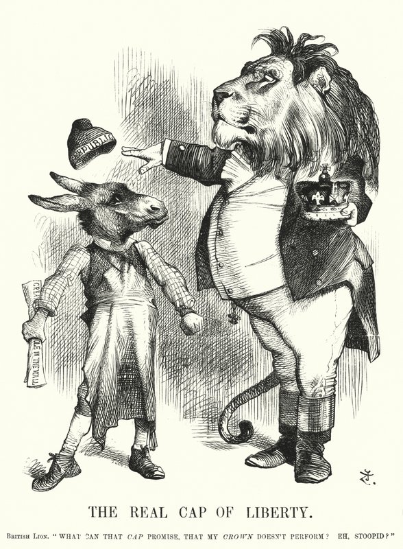 Punch-tecknad serie: The Real Cap of Liberty - Storbritanniens konstitutionella monarkis överlägsenhet över republikanismen (gravyr) av John (after) Tenniel