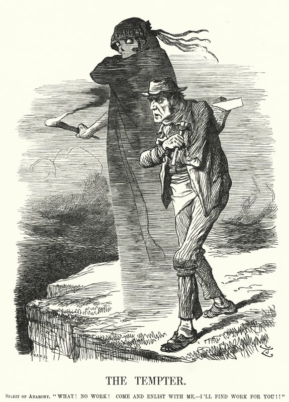 Punch cartoon: The Tempter - anarkismens frestelse för arbetslösa (gravyr) av John (after) Tenniel