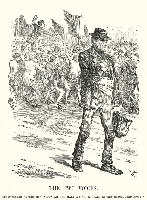 Punch-tecknad film: The Two Voices - arbetslöshet och social oro i det viktorianska Storbritannien (gravyr) av John (after) Tenniel