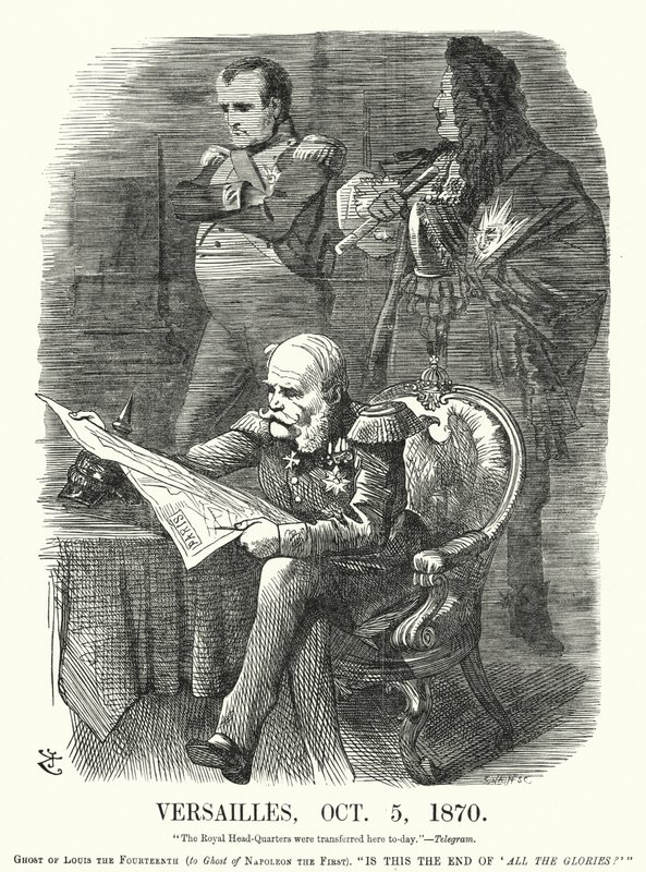 Punch-tecknad serie: Versailles, 5 oktober 1870 - Frankrikes förnedring i det fransk-preussiska kriget (gravyr) av John (after) Tenniel