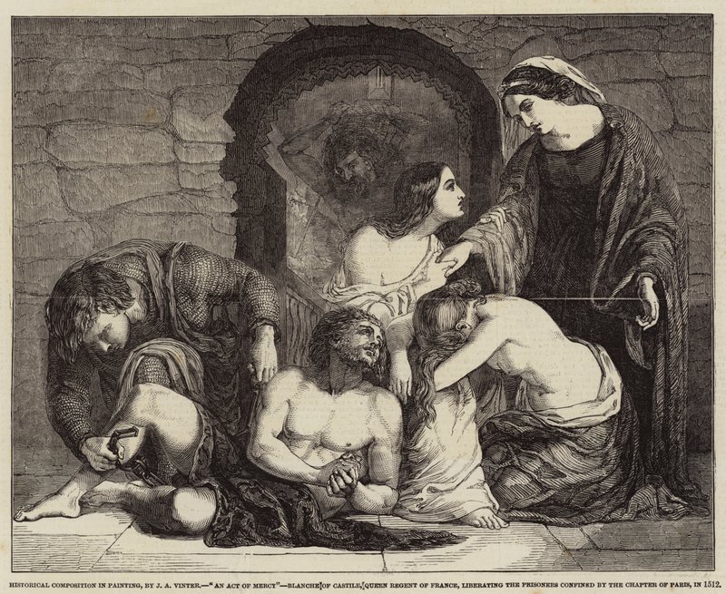 Historical Composition in Painting, An Act of Mercy, Blanche av Kastilien, drottning regent av Frankrike, befriande av fångarna instängda av kapitlet i Paris, 1512 av John Alfred Vintner