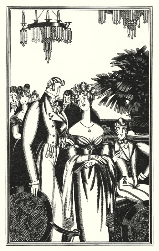 Illustration för Don Juan av Lord Byron: Juan togs emot i det bästa samhället (litho) av John Austen