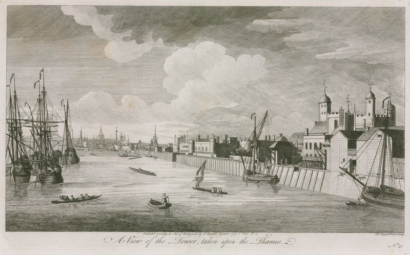 En vy av Tower of London från floden Themsen. av John Boydell