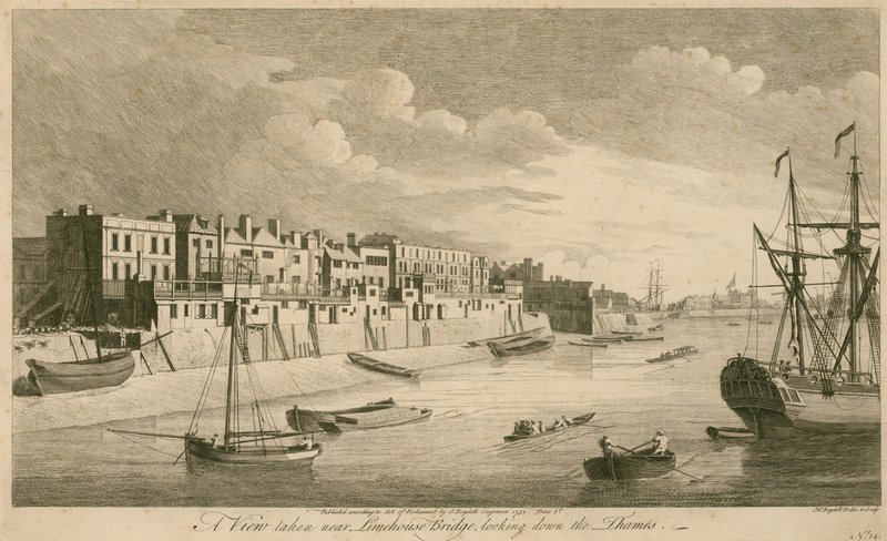 En vy tagen nära Limehouse Bridge med utsikt över Themsen. av John Boydell