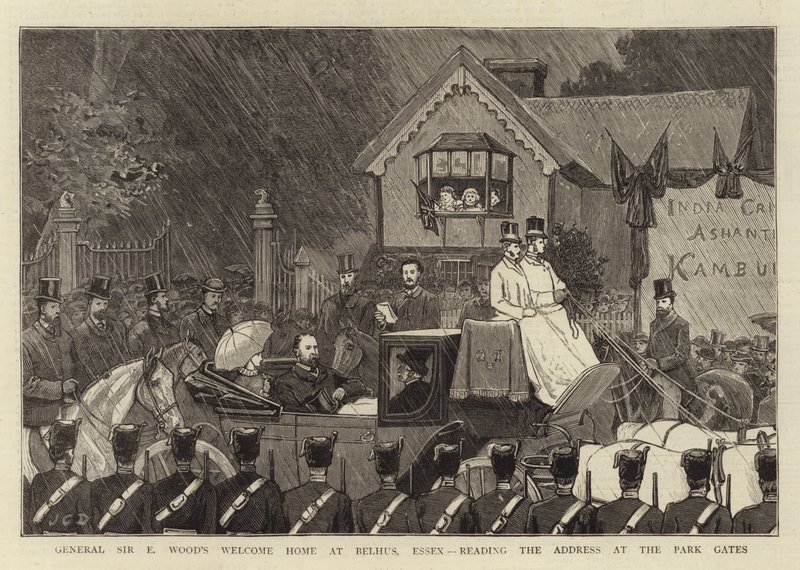 General Sir E Woods välkomsthem i Belhus, Essex, läser tilltalet vid Park Gates av John Charles Dollman