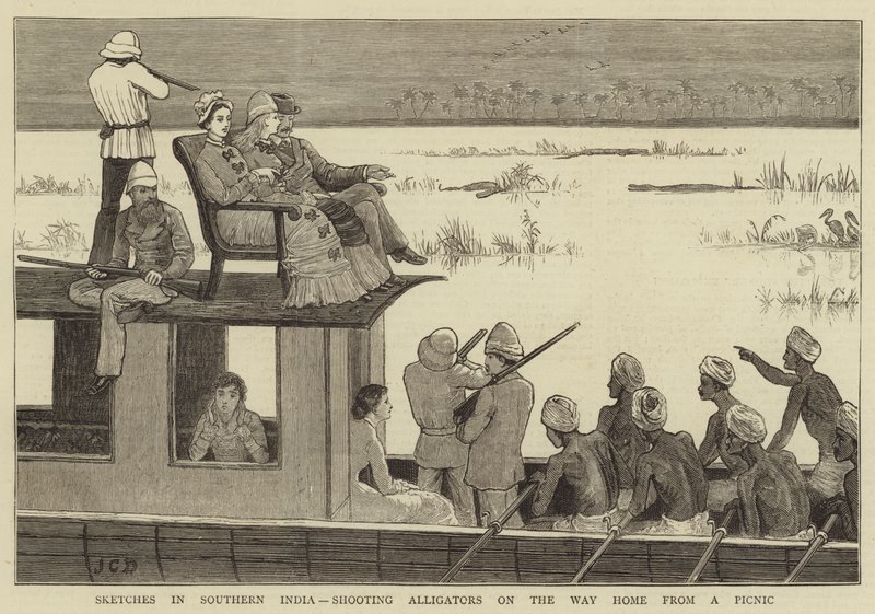 Skisser i södra Indien, skjutande Alligatorer på vägen hem från en picknick av John Charles Dollman