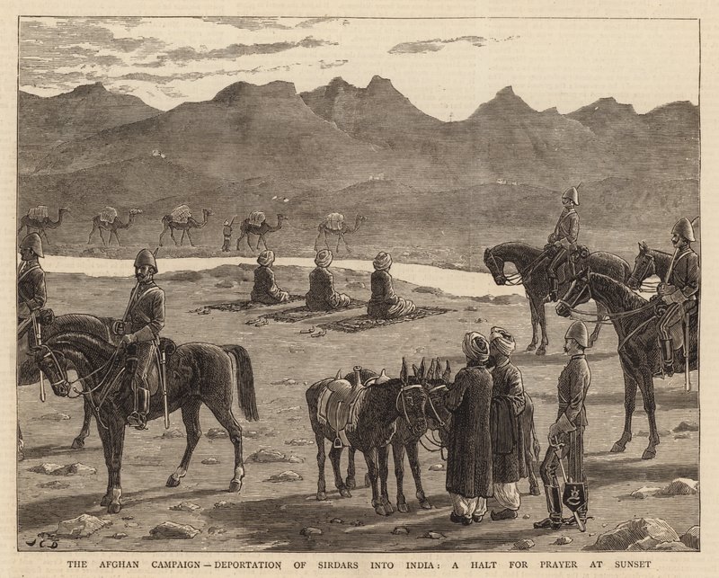 Den afghanska kampanjen, deportering av sirdarer till Indien, ett stopp för bön vid solnedgången av John Charles Dollman