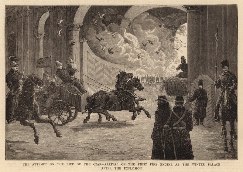 Försöket på tsarens liv, ankomsten av den första motorn till vinterpalatset efter explosionen av John Charles Dollman