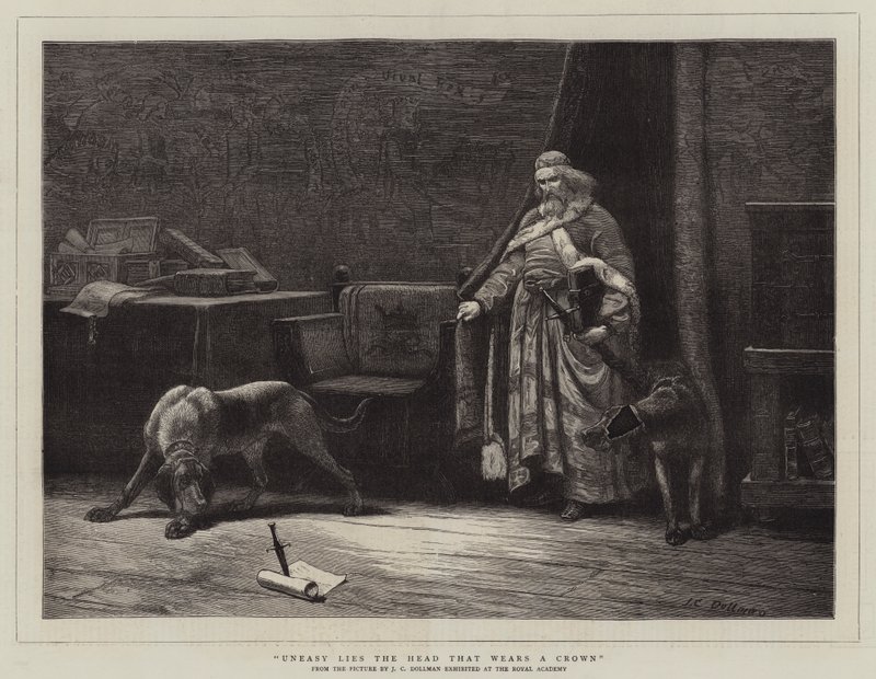 Orolig ligger det huvud som bär en krona av John Charles Dollman