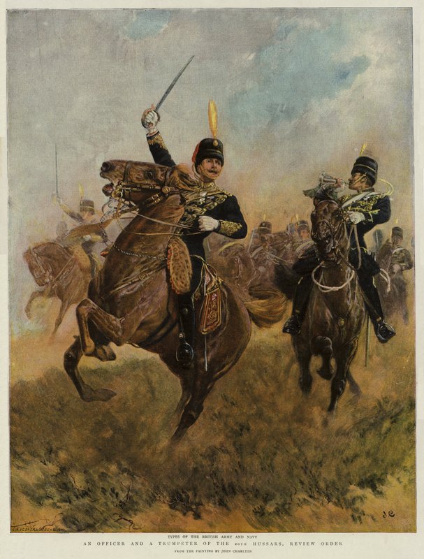 En officer och en trumpetare av de 20:e husarerna, granskningsorder (chromolitho) av John Charlton