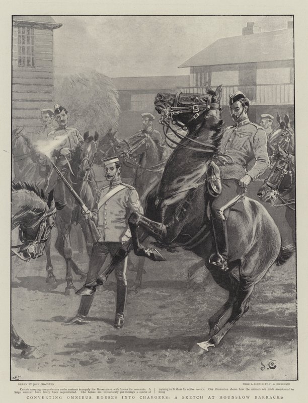 Att omvandla omnibushästar till laddare, en skiss vid Hounslow Barracks av John Charlton