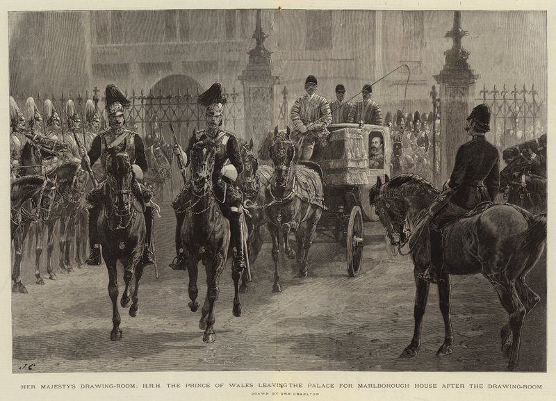 Hennes Majestäts salongen, H R H prinsen av Wales lämnar palatset för Marlborough House efter salongen av John Charlton