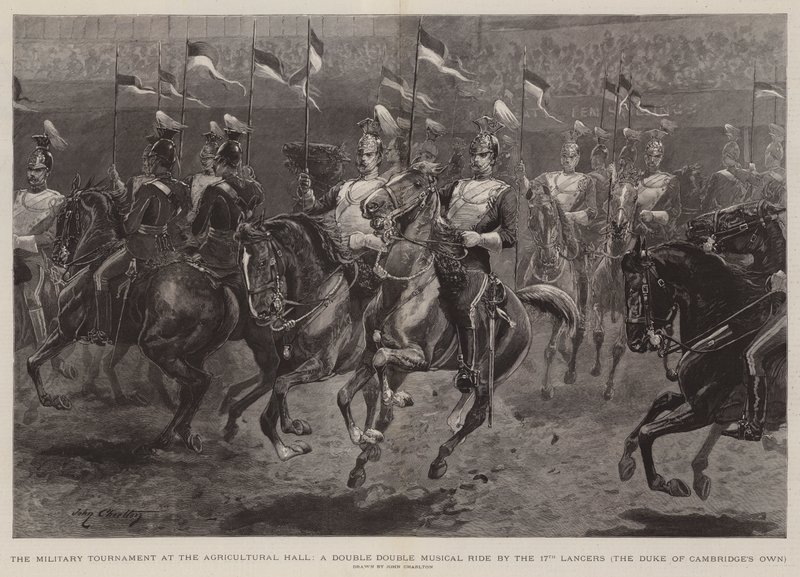 Militärturneringen i Agricultural Hall, A Double Double Musical Ride av 17th Lancers, hertigen av Cambridges egen av John Charlton