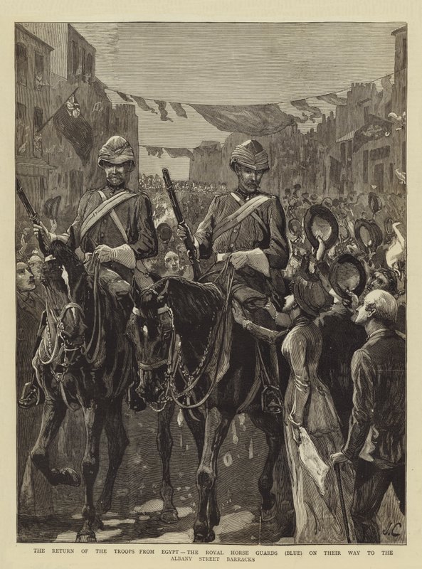 Truppernas återkomst från Egypten, Royal Horse Guards (blå) på väg till Albany Street Barracks av John Charlton