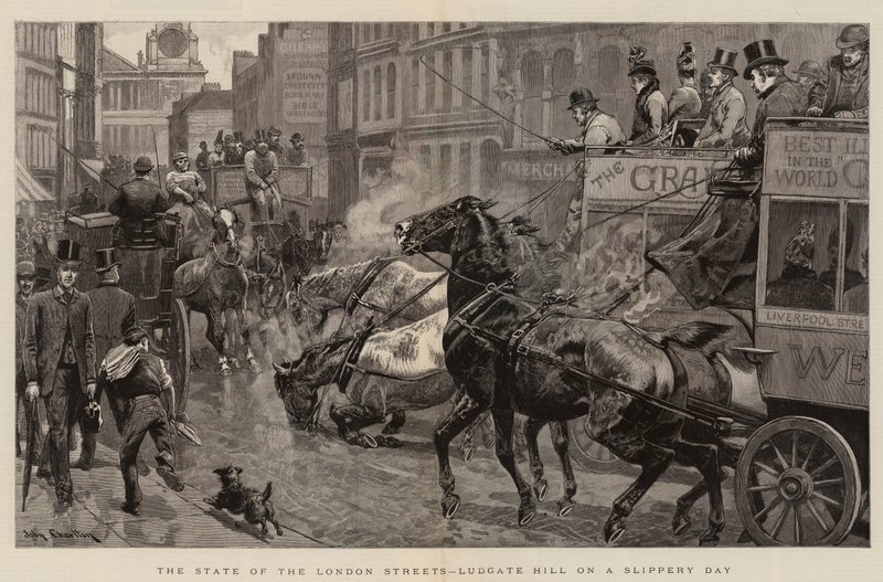 The State of the London Streets, Ludgate Hill på en hala dag av John Charlton