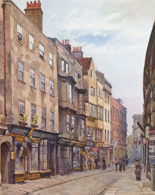Lost London: Holywell Street, vy mot väster (färglitografi) av John Crowther
