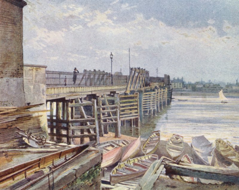 Det försvunna London: Gamla Battersea Bridge, från norra stranden (färglitografi) av John Crowther