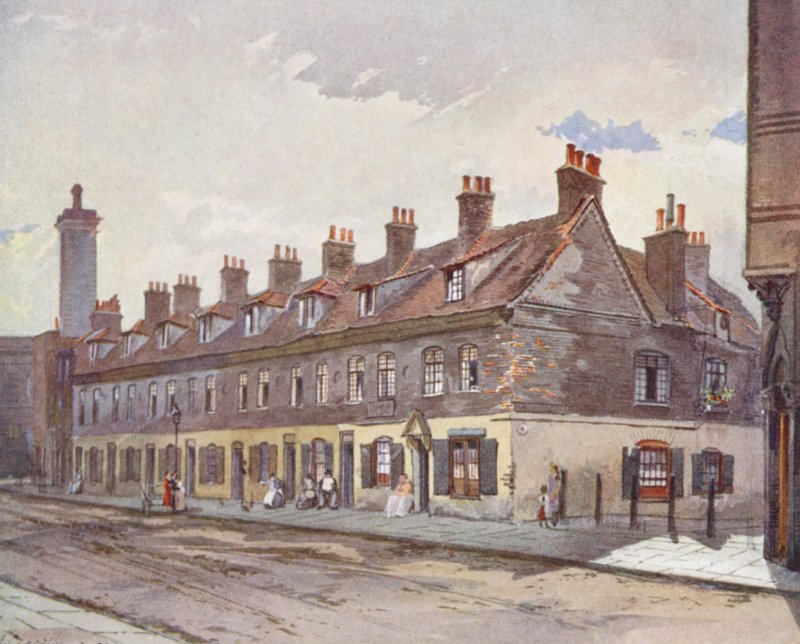 Det försvunna London: Gamla hus på Pye Street, Westminster (färglitografi) av John Crowther