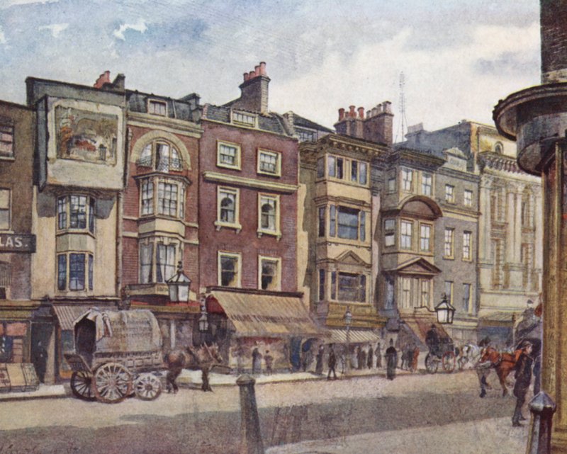 Det förlorade London: Gamla hus i Strand, bredvid Adelphi Theatre (färglitografi) av John Crowther