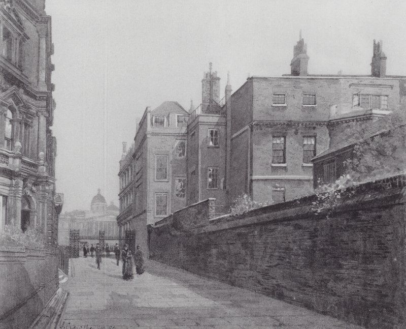 Det försvunna London: Passage i Spring Gardens från Trafalgar Square till Mall (litografi) av John Crowther