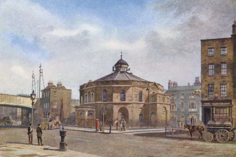 Lost London: The Surrey Chapel, Blackfriars Road (färglitografi) av John Crowther
