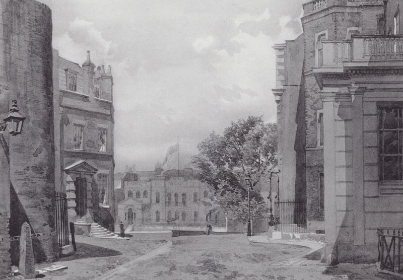 Det försvunna London: Whitehall Yard, Vanbrughs hus i bakgrunden (litografi) av John Crowther