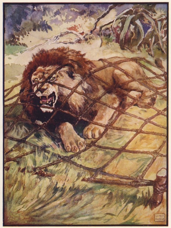 Lejonet och musen (färg litho) av John Edwin Noble