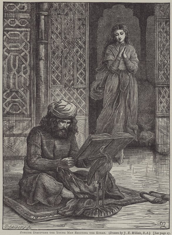 Zobeide upptäcker den unge mannen som reciterar Koranen (gravyr) av John Everett (after) Millais