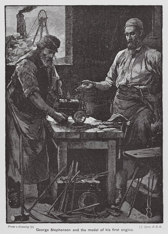 George Stephenson och modellen av hans första motor (färglitografi) av John Eyre