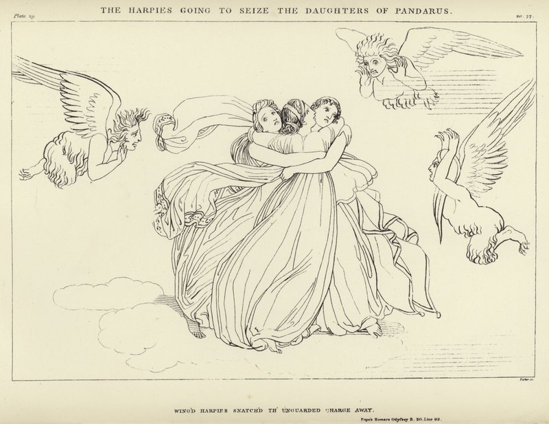 Harpies kommer att gripa Pandarus döttrar. av John Flaxman